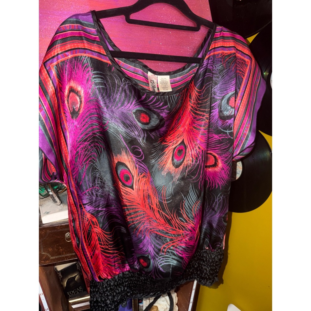 L8ter Women XL Peacock Feather Print Blouse Smocked Waist Dolman Top MP9900GC